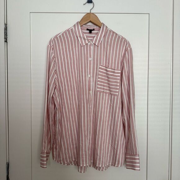 ATM Blouse Shirt Womens Sz XL White Pink Striped Button Up Silk Blend Office - Picture 1 of 11
